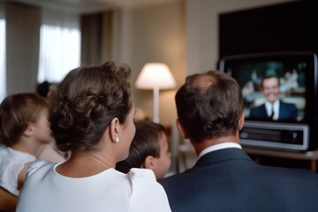 A family of four shares joy and laughter while watching an entertaining program on an old television, showcasing strong familial bonds and cherished moments.