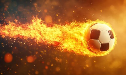 Fototapeta premium Flaming soccer ball flying through sparkling dark background, sports action image