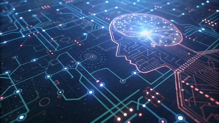 Obraz premium Circuit board integrated with a brain representing quantum inspired mind mapping in seamless design