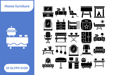 Naklejka premium Home Furniture Glyph Icon Set, Collection of 25 Home Furniture Glyph Icon Set – 25 Sofa, Table, and Interior Design Icons