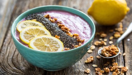 Lemon Smoothie Bowl with Chia Seeds and Granola &ndash; Superfood Breakfast on Weathered Wooden Board