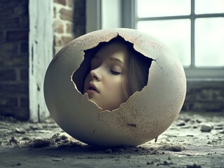 surreal portrait, face in eggshell, window light, abandoned setting