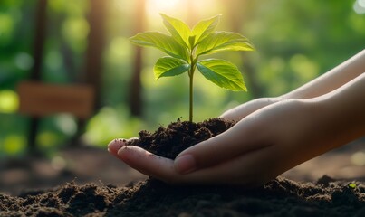 Hands holding a young plant growing in soil, celebrating world environment day