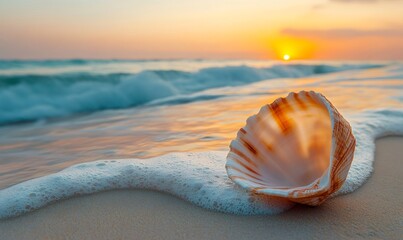 Obraz premium Beautiful seashell resting on the shore as gentle waves caress it during a golden sunset, evoking tranquility and peace