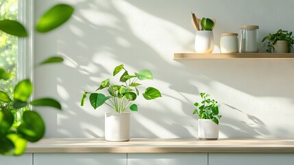   A row of potted plants sits atop a wooden table beside a window, casting a shadow on the adjacent wall