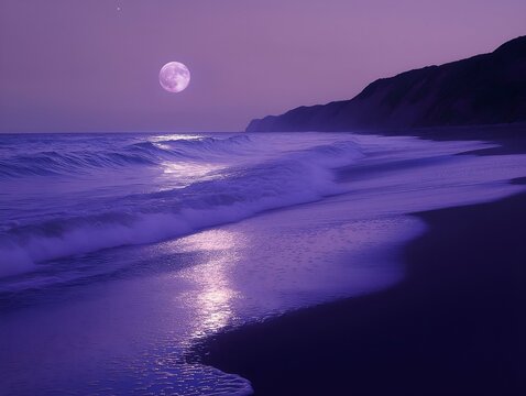 purple beach, full moon, night scene, dark water, purple sky, tranquil atmosphere