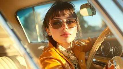 Naklejka premium Stylish Woman Driving Vintage Car in Sunglasses