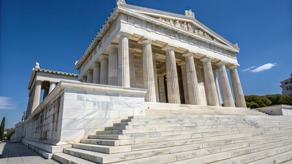 Obraz premium Majestic Greek Temple Bathed In Sunlight, Its Grand Marble Staircase Leading To A Serene Sanctuary Under A Brilliant Blue Sky