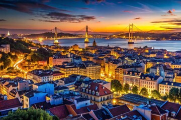 Obraz premium Lisbon Night Aerial View: City Lights & River Panorama