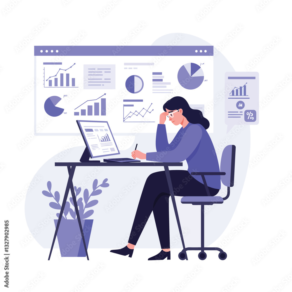 Poster office worker analyzing data with charts and graphs in flat vector illustration