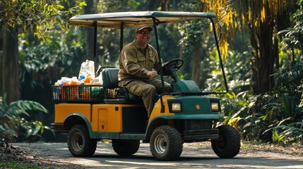 Park ranger on a utility vehicle distributing supplies through lush foliage