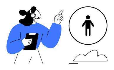 Customer service agent wearing a headset holds a clipboard while pointing at a user icon in a circle. Ideal for support, communication, guidance, team management, call center, user onboarding, flat