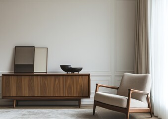 Mid-century modern living room with wooden sideboard, armchair, and decor.