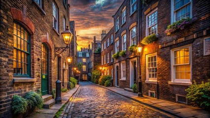 Obraz premium London Street Scene: Charming Old Brick Buildings at Dusk - Long Exposure Photography