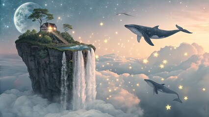 A Whimsical Floating Island Home Nestled Amidst Dreamy Clouds, Cascading Waterfalls, And Gentle Whales Soaring Under A Celestial Night Sky With Soft Light And Pastel Hues