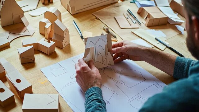 Architect crafting complex building designs with paper models for future construction