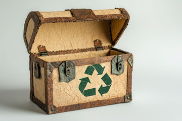 An open, rustic wooden box featuring a prominent recycling symbol, symbolizing sustainability and environmental awareness.