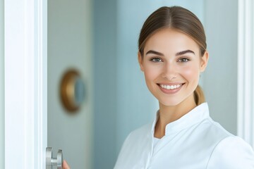 Smiling hotel housekeeper in a white uniform knocking on a guest room door, welcoming visitors with a friendly and professional demeanor in a modern hospitality setting