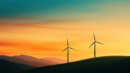 Fototapeta premium A couple of windmills tower over a hilltop, framed by an orange-blue sky and setting sun