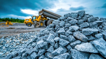 Construction Site: A Pile of Crushed Stones with a Yellow Dump Truck in the Background
