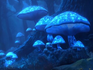 Naklejka premium glowing blue mushrooms in forest, mystical atmosphere, night scene