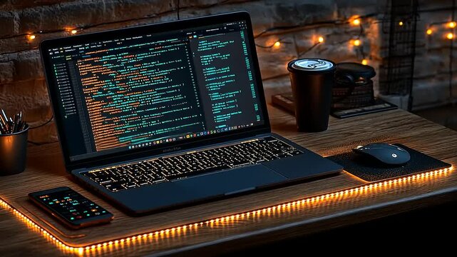 A sleek laptop displaying code on a wooden desk, surrounded by warm lights and a coffee cup