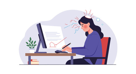 Frustrated woman at computer with stress lines in flat vector art