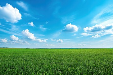Obraz premium Lush Green Field Under Bright Blue Sky with Fluffy White Clouds Casting Shadows on Grassland, Scenic Rural Landscape in Daylight