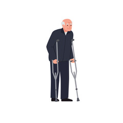 Elderly man using crutches in flat vector illustration style for mobility assistance vector art