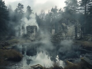 misty forest scene, old house, tranquil atmosphere, fog