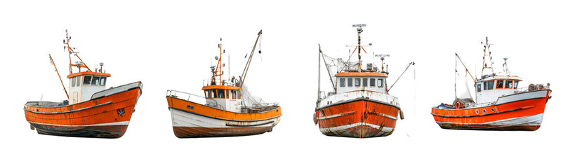 Fototapeta premium Colorful Fishing Boats in a Row on Transparent Background