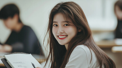 A young Asian woman smiles while studying in a classroom. Soft light illuminates her face, creating a serene atmosphere.