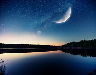 A crescent moon shines over a tranquil lake, symbolizing the Waxing Crescent Moon—a phase of growth, new beginnings, and cosmic energy. The scene evokes mystery, transformation, and celestial harmony.