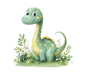 Cute Cartoon Dinosaur Surrounded by Colorful Plants and Flowers
