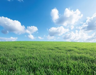 Obraz premium Lush Green Grass Field Under Blue Sky with White Clouds Creating a Serene and Tranquil Landscape Perfect for Nature and Outdoor Themes