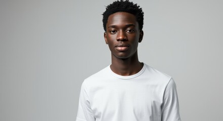 Obraz premium A confident young man in a plain white t-shirt stands calmly against a neutral backdrop, highlighting modern simplicity, perfect for fashion or lifestyle concepts.