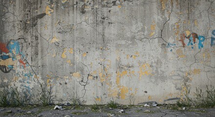 A weathered concrete wall with peeling paint, cracks, and graffiti. The ground is littered with debris and grass, capturing an urban decay vibe perfect for creative projects.