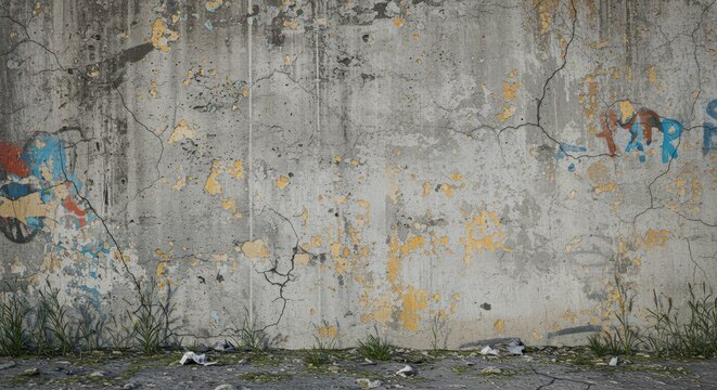 A weathered concrete wall with peeling paint, cracks, and graffiti. The ground is littered with debris and grass, capturing an urban decay vibe perfect for creative projects.