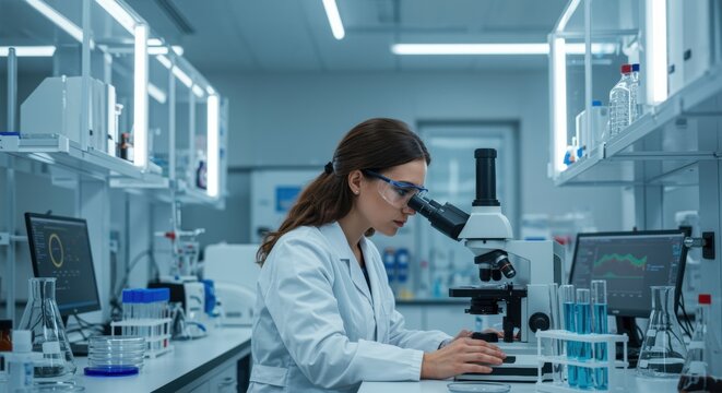 A dedicated female scientist focuses on her microscope in a modern lab filled with test tubes and digital displays, emphasizing commitment to research and innovation.