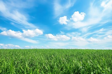Obraz premium Lush Green Grass Fields Under Bright Blue Sky with Fluffy Clouds and Soft Natural Light during Daytime in a Beautiful Outdoor Landscape