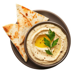 Creamy Mediterranean Hummus Served with Freshly Grilled Pita Bread on a Rustic Plate, isolated on transparent background.