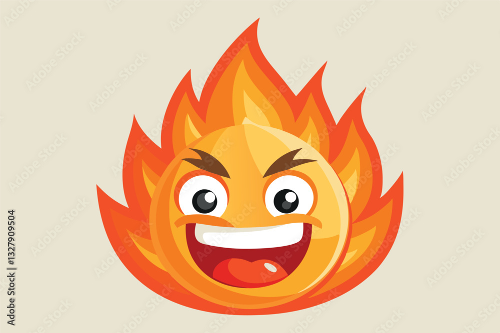 Poster Cheerful flaming character with expressive face and playful grin showcases vector art style for creative projects