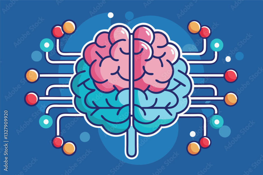 Poster creative illustration of a brain with digital connections representing technology and innovation in 