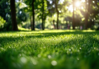 Naklejka premium Lush Green Grass in a Sunlit Park with Soft Sunbeams Filtering Through Trees Enhancing Nature's Tranquil Beauty and Calm Atmosphere