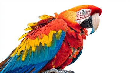Vibrant Red Yellow And Blue Macaw Parrot Portrait Against White Background