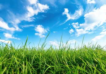 Obraz premium Lush Green Grass Landscape Under Bright Blue Sky with White Clouds for Nature, Environment, and Outdoor Themes in Photographic Imagery