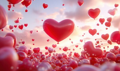 Heart balloons float at sunset, creating a romantic atmosphere, ideal for Valentine's Day