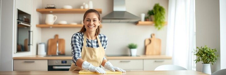 Fototapeta premium Happy young woman in white gloves cleaning modern kitchen table exuding warmth and joy, white gloves, easy