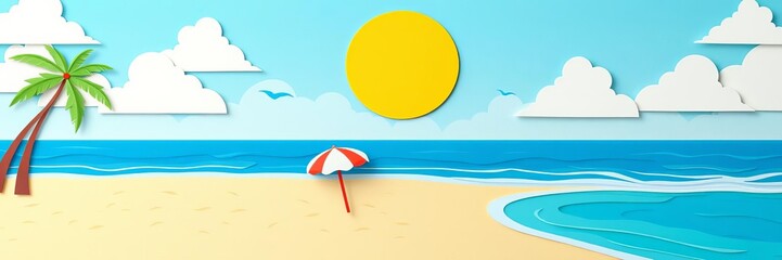 Hello summer card banner featuring a vibrant paper art background of a tropical beach with palm trees, umbrellas, and a turquoise ocean, summer, colorful