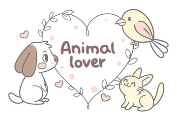 Cute illustration featuring a dog, cat, and bird in a heart shape celebrating animal love and companionship